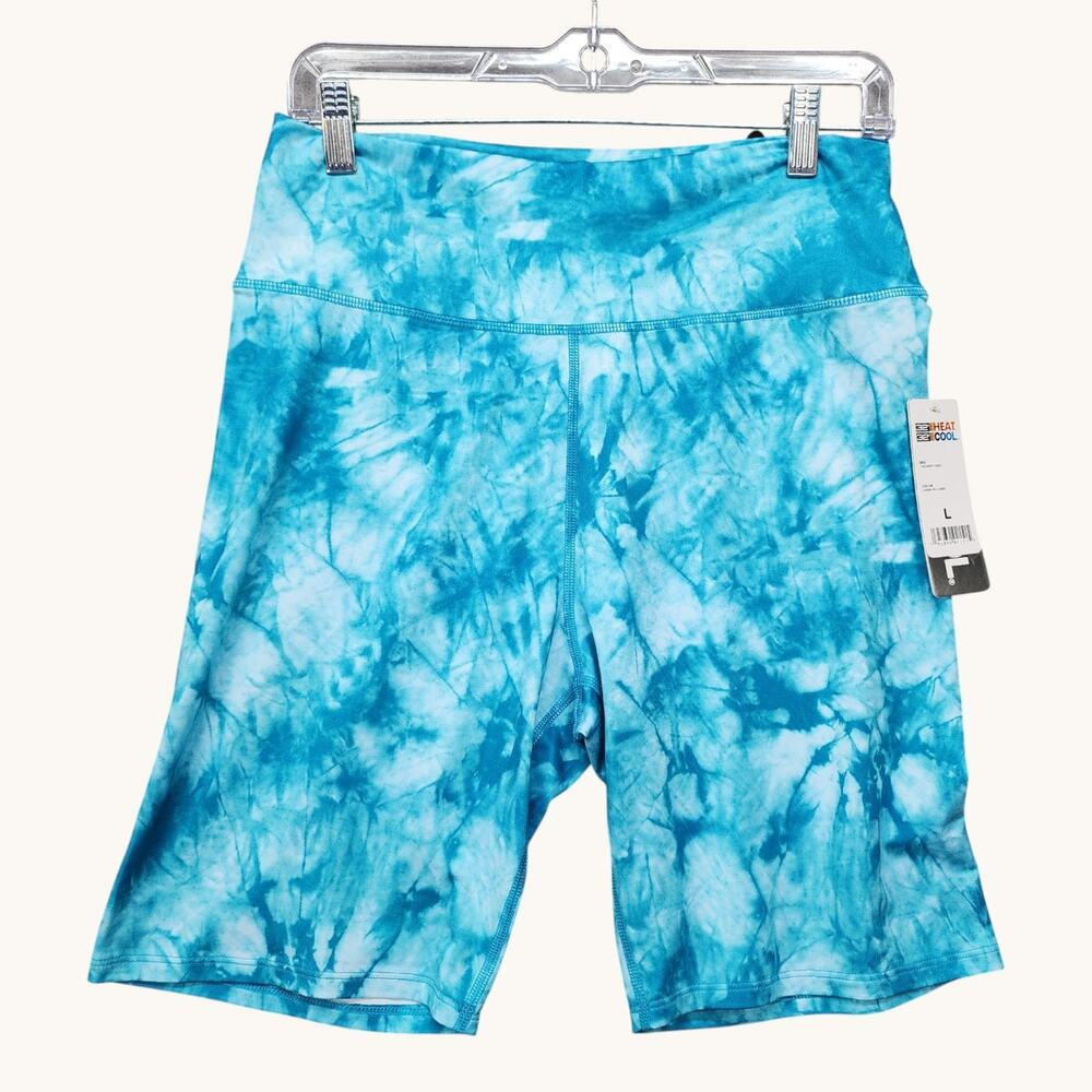 NWT 32 Degrees Women’s L High Waist Bike Shorts Caribbean Sea Tie Dye Heat Cool - Picture 2 of 9